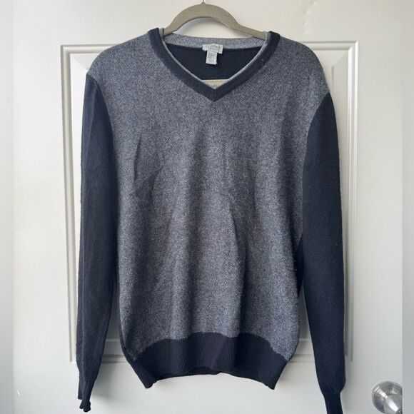 Giasone 100% 2-Ply Cashmere V-Neck Sweater Men’s M Black Gray Colorblock Preppy - Picture 1 of 5